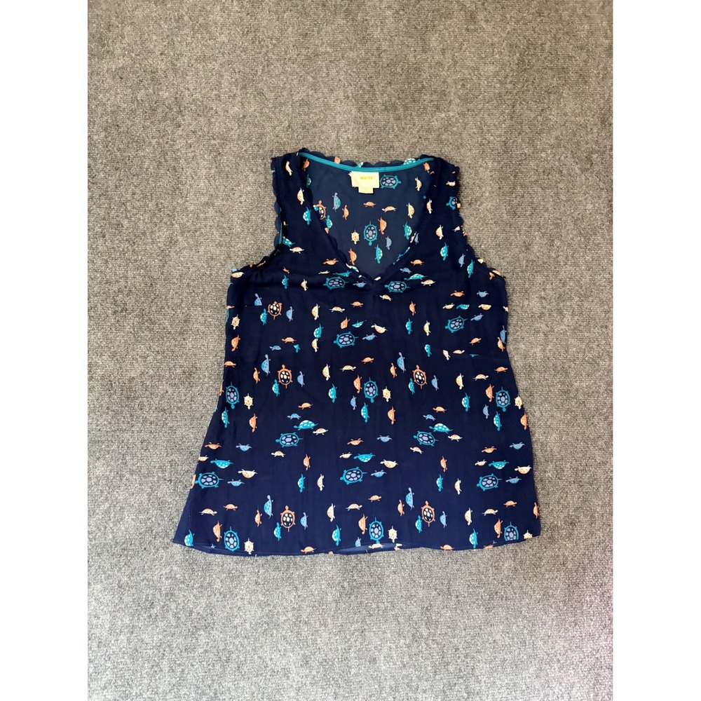 Maeve Anthropologie Navy Blue Turtle Print Scallop V-Neck Sleeveless Blouse 6